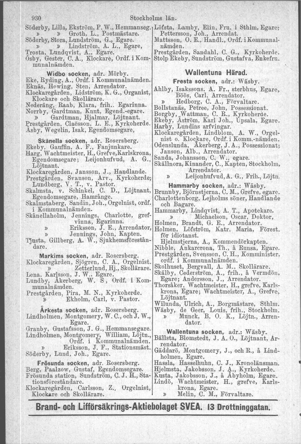 munalnämden. " Widbo socken, adr. Mörby. Wallentuna Härad. Eke,..Ryding: A., Ordf. i Kommunalnämden. Fresta socken, adr.: Wäsby. Eknas, H~wll1g, S~en,.~rrenda,tor.. Ahlby, Isakssons, A. Fr., sterbhus, Egare, Klockare~arden, LIds~.