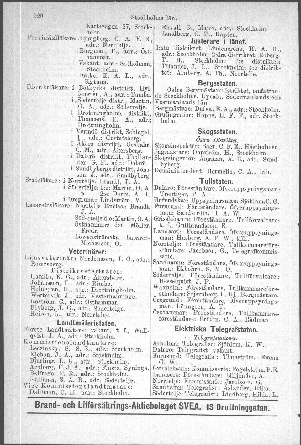 Stock- Envall, G., Major, adr.: Stockholm. Lundberg, O. 1'., Kapten. Justerare i länet. l:sta distriktet: Lindenerona. H. A. H., adr.: Stockholm; 2:dra distriktet: Roberg, T. B.