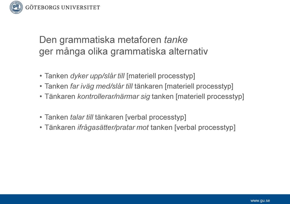 processtyp] Tänkaren kontrollerar/närmar sig tanken [materiell processtyp] Tanken talar