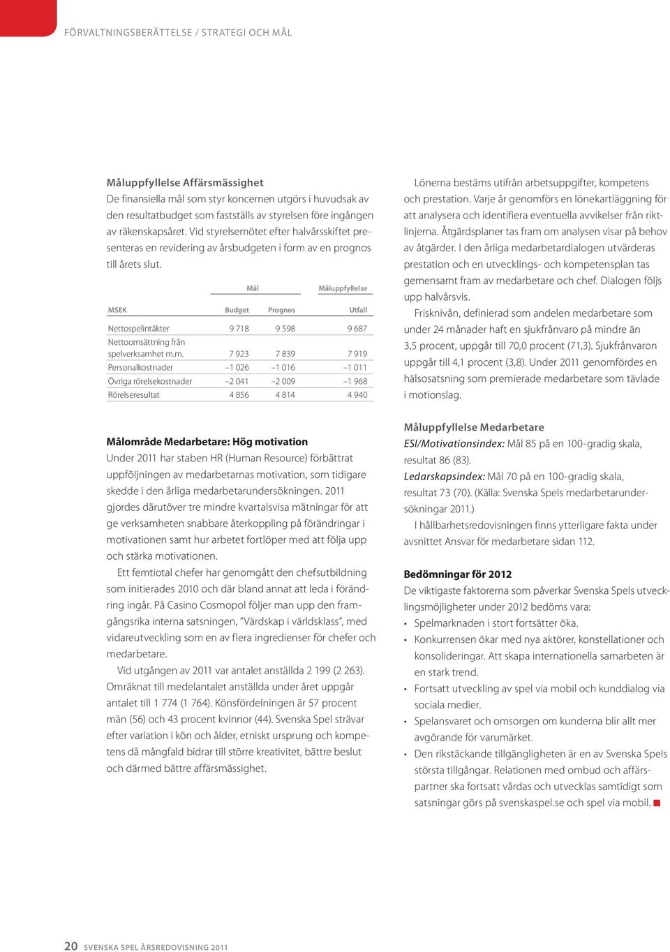 Mål MSEK Budget Prognos Måluppfyllelse Utfall Nettospelintäkter 9 718 9 598 9 687 Nettooms