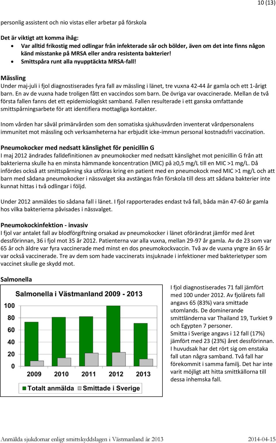 Mässling Under maj-juli i fjol diagnostiserades fyra fall av mässling i länet, tre vuxna 42-44 år gamla och ett 1-årigt barn. En av de vuxna hade troligen fått en vaccindos som barn.