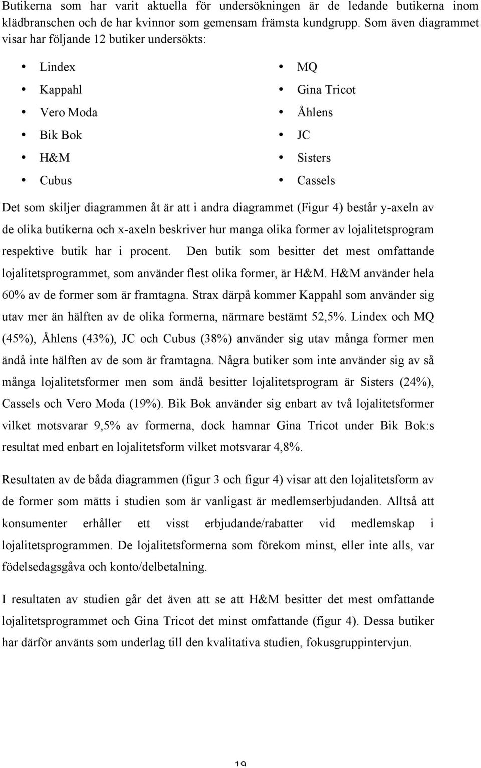 diagrammet (Figur 4) består y-axeln av de olika butikerna och x-axeln beskriver hur manga olika former av lojalitetsprogram respektive butik har i procent.