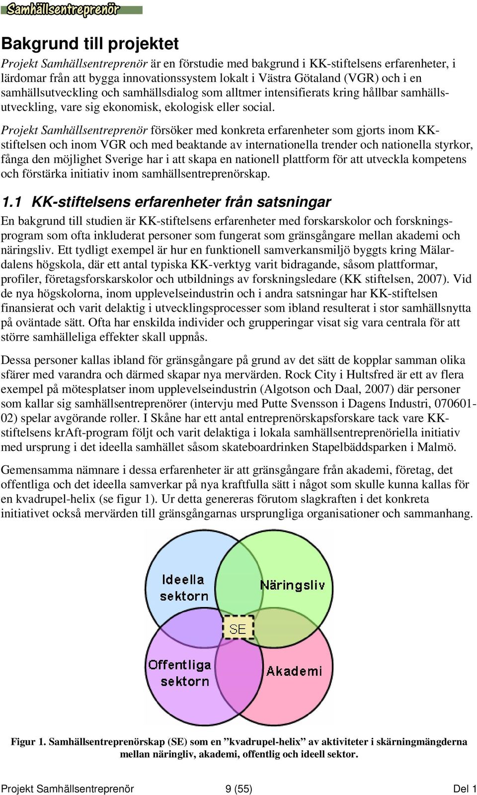 Projekt Samhällsentreprenör försöker med konkreta erfarenheter som gjorts inom KKstiftelsen och inom VGR och med beaktande av internationella trender och nationella styrkor, fånga den möjlighet