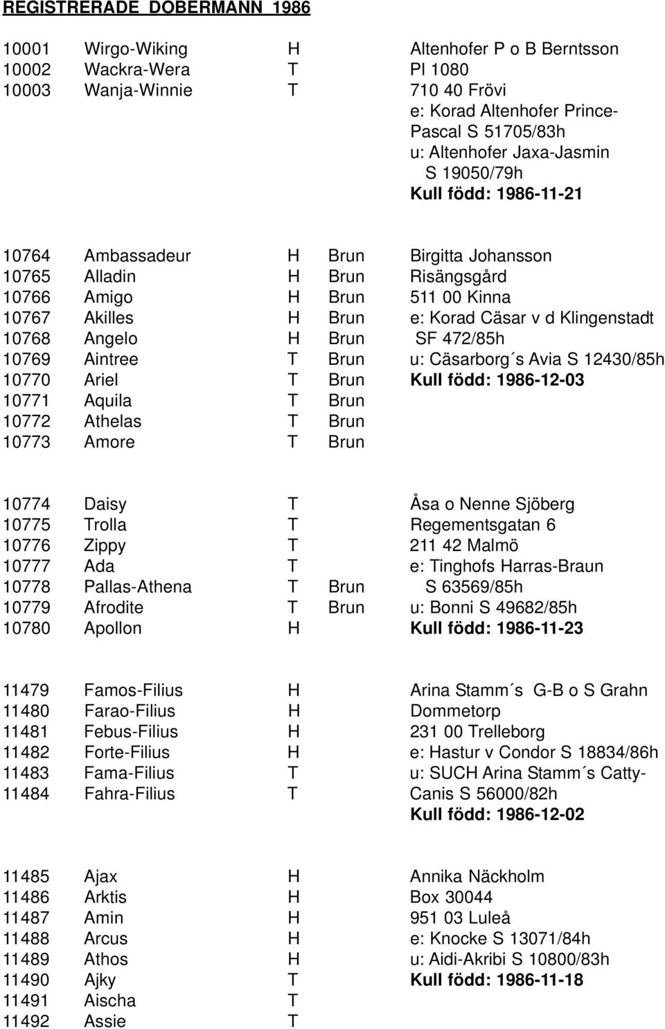 Klingenstadt 10768 Angelo H Brun SF 472/85h 10769 Aintree T Brun u: Cäsarborg s Avia S 12430/85h 10770 Ariel T Brun Kull född: 1986-12-03 10771 Aquila T Brun 10772 Athelas T Brun 10773 Amore T Brun