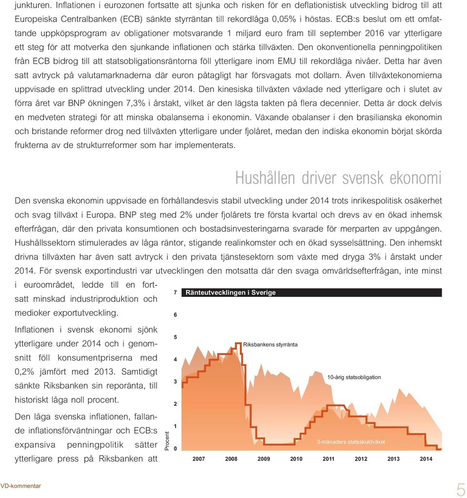 tillväxten. Den okonventionella penningpolitiken från ECB bidrog till att statsobligationsräntorna 12 Den svenska föll ytterligare kronan gentemot inom EMU dollarn till och rekordlåga euron nivåer.