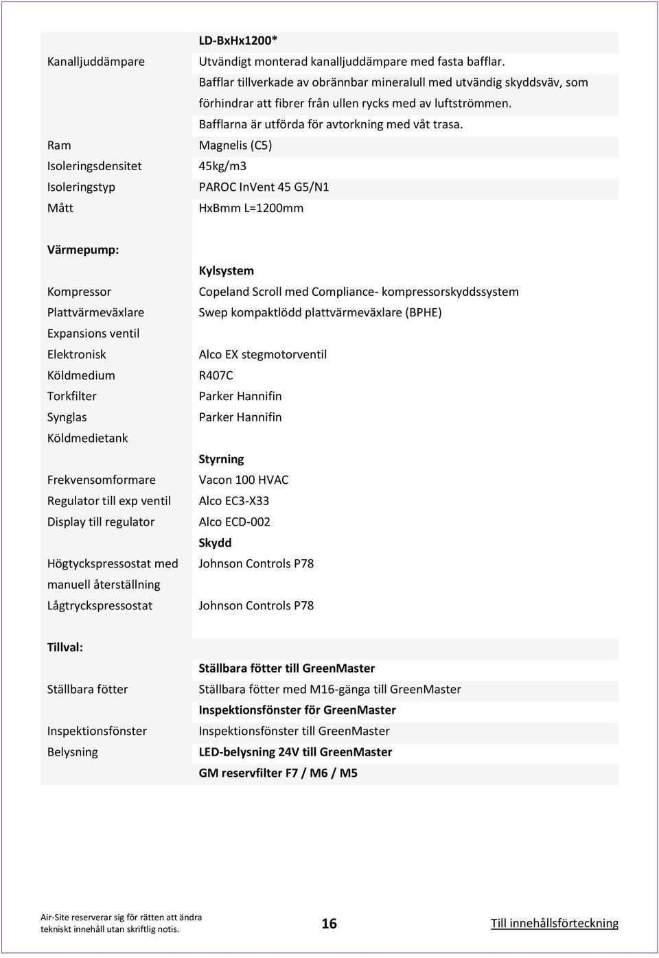 Magnelis (C5) 45kg/m3 PAROC InVent 45 G5/N1 HxBmm L=1200mm Värmepump: Kompressor Plattvärmeväxlare Expansions ventil Elektronisk Köldmedium Torkfilter Synglas Köldmedietank Frekvensomformare