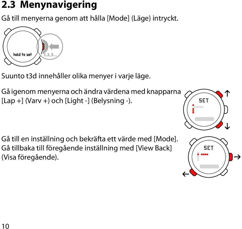 Gå igenom menyerna och ändra värdena med knapparna [Lap +] (Varv +) och [Light -]