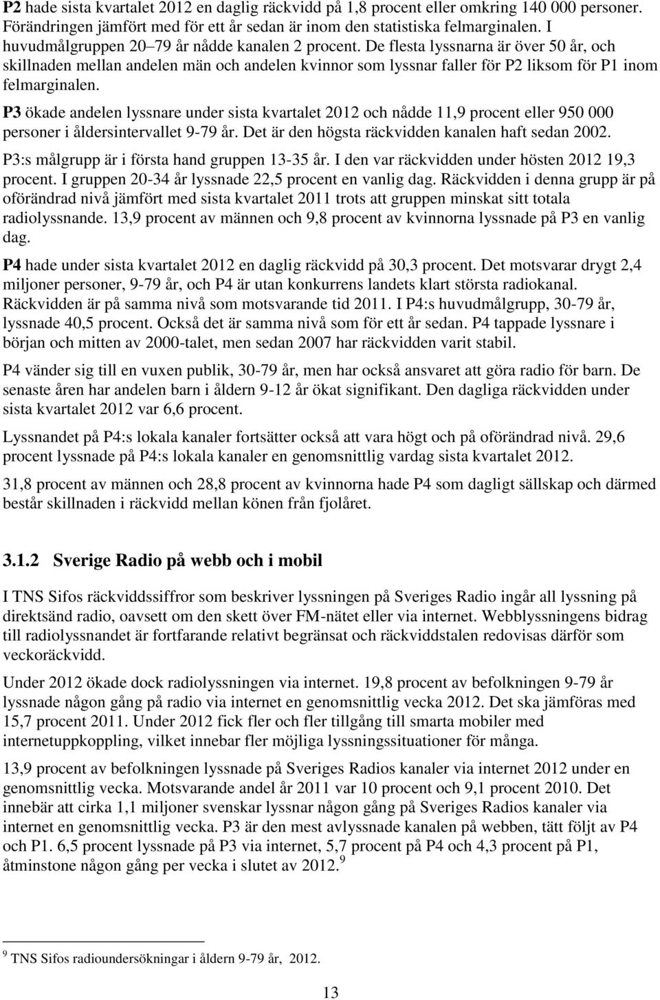 P3 ökade andelen lyssnare under sista kvartalet 2012 och nådde 11,9 procent eller 950 000 personer i åldersintervallet 9-79 år. Det är den högsta räckvidden kanalen haft sedan 2002.