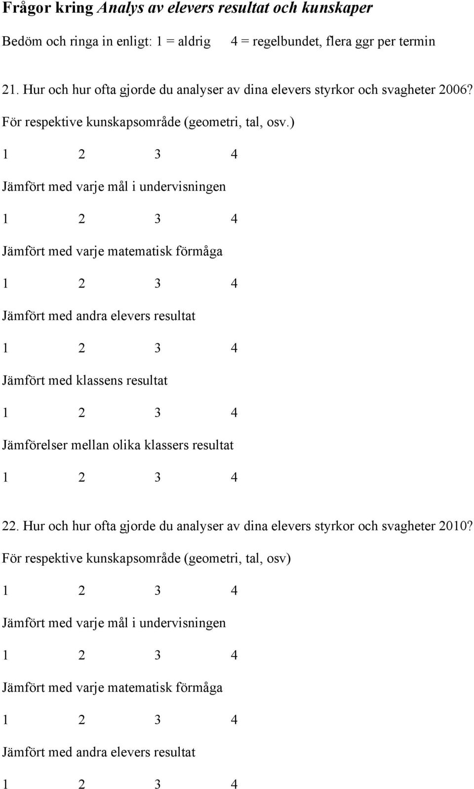 ) Jämfört med varje mål i undervisningen Jämfört med varje matematisk förmåga Jämfört med andra elevers resultat Jämfört med klassens resultat Jämförelser mellan olika