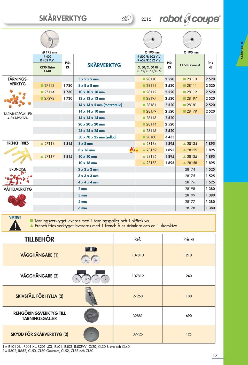 V. CL30 Bistro CL40 Pris KR SKÄR VERKTYG Ø 190 mm R 502/R 502 V.V. R 652/R 652 V.V. CL 50/CL 50 Ultra CL 52/CL 55/CL 60 Pris KR Ø 190 mm CL 50 Gourmet Pris KR RKTYG TÄRNINGS- VERKTYG 5 x 5 x 5 mm