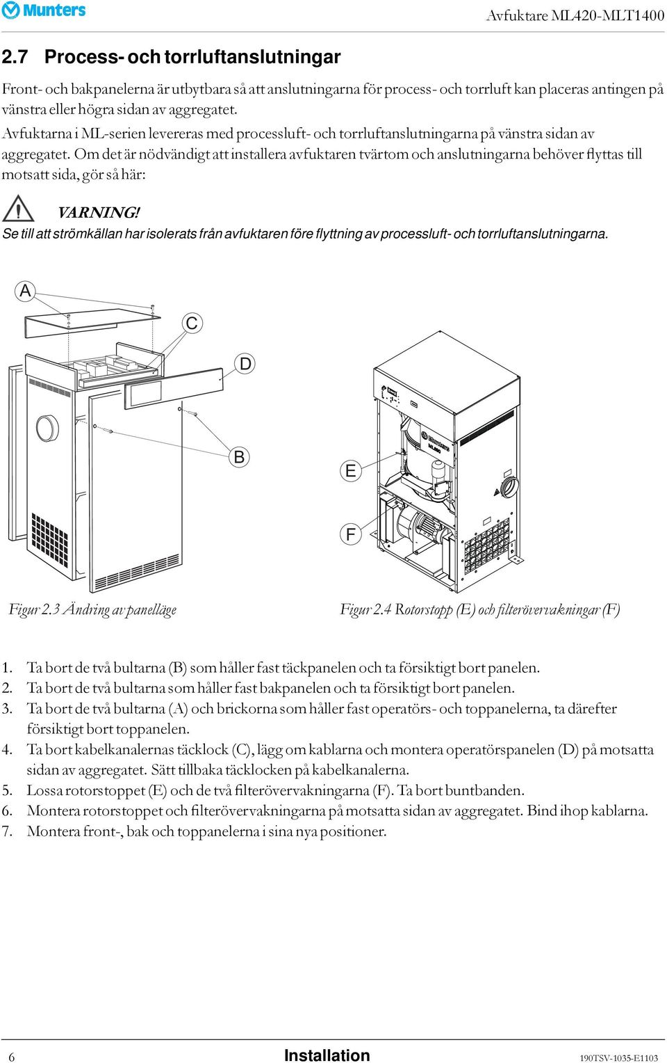 Om det är nödvändigt att installera avfuktaren tvärtom och anslutningarna behöver flyttas till motsatt sida, gör så här: VARNING!