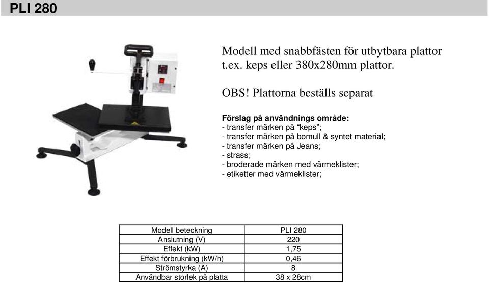 Modell beteckning PLI 280 Effekt (kw) 1,75