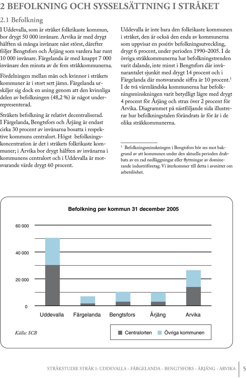 Färgelanda är med knappt 7 000 invånare den minsta av de fem stråkkommunerna. Fördelningen mellan män och kvinnor i stråkets kommuner är i stort sett jämn.