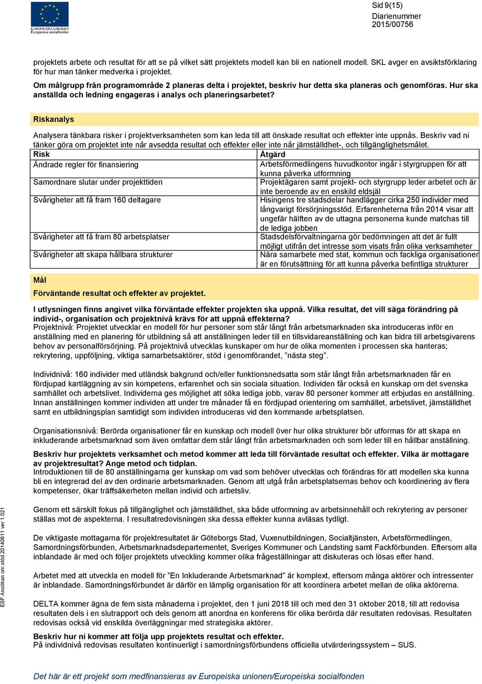 Riskanalys Analysera tänkbara risker i projektverksamheten som kan leda till att önskade resultat och effekter inte uppnås.