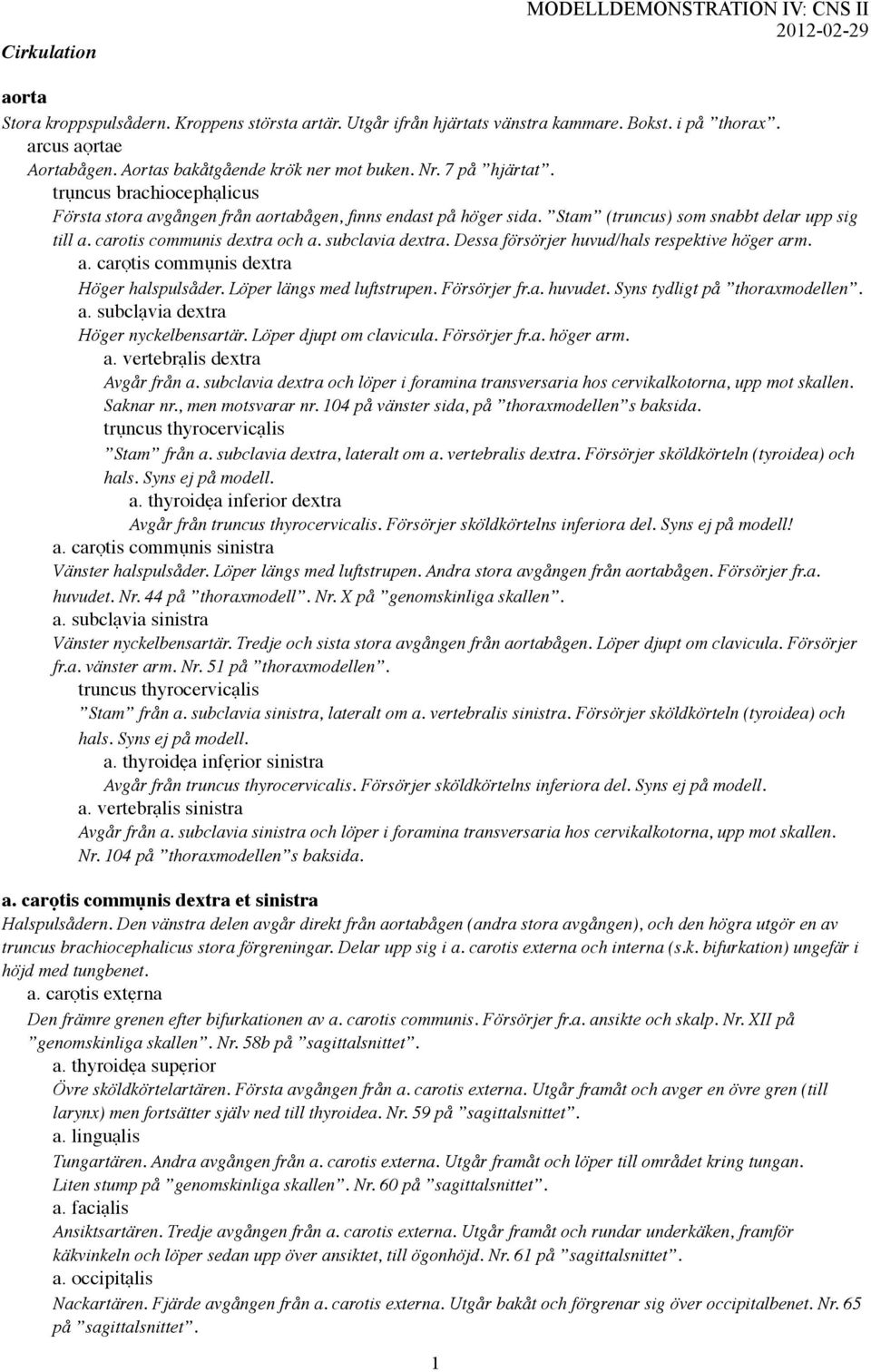 subclavia dextra. Dessa försörjer huvud/hals respektive höger arm. a. carọtis commụnis dextra Höger halspulsåder. Löper längs med luftstrupen. Försörjer fr.a. huvudet. Syns tydligt på thoraxmodellen.