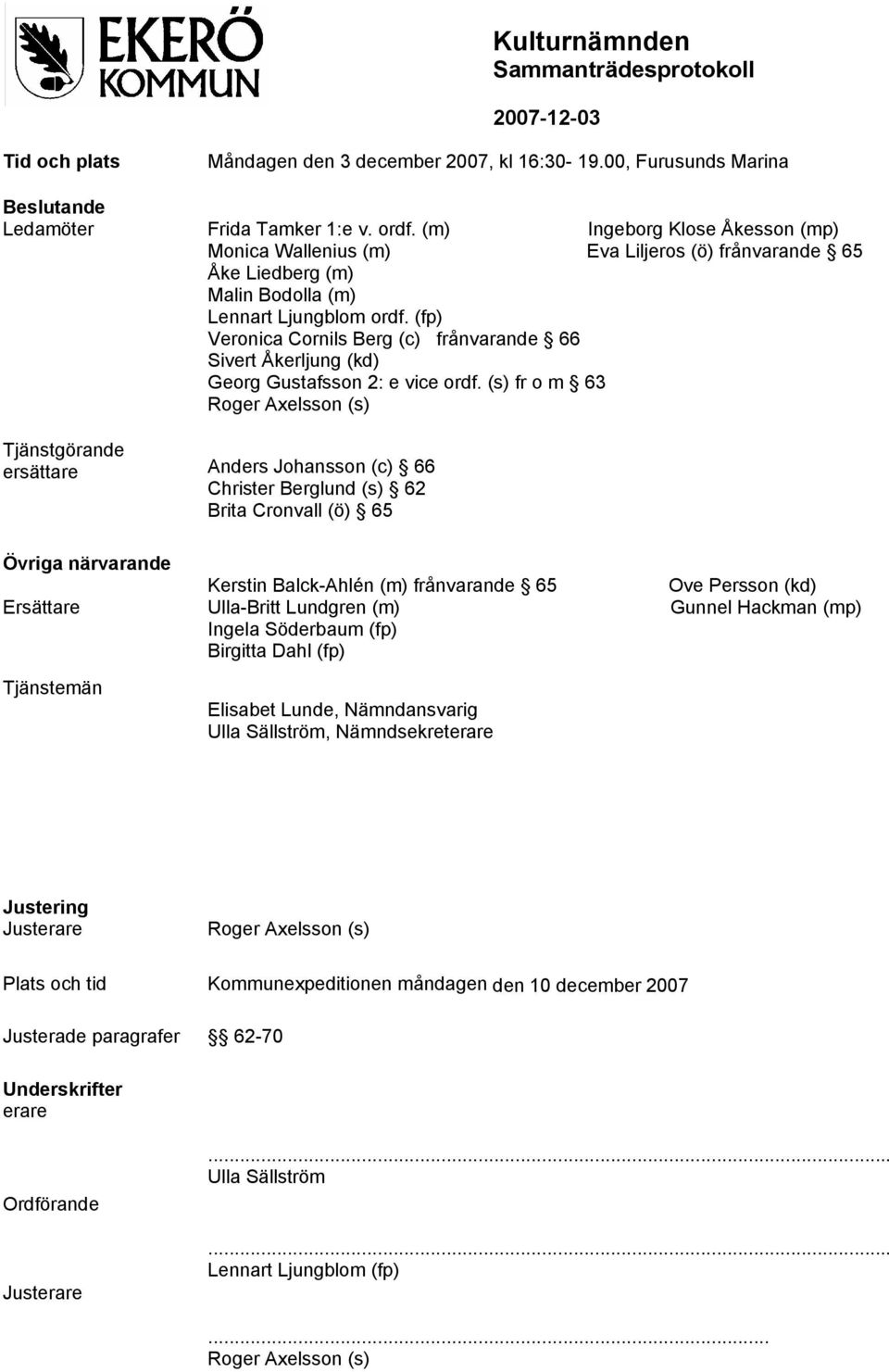 (fp) Veronica Cornils Berg (c) frånvarande 66 Sivert Åkerljung (kd) Georg Gustafsson 2: e vice ordf.