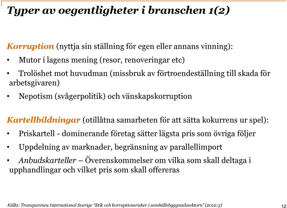 ur spel): Priskartell - dominerande företag sätter lägsta pris som övriga följer Uppdelning av marknader, begränsning av parallellimport Anbudskarteller Överenskommelser om