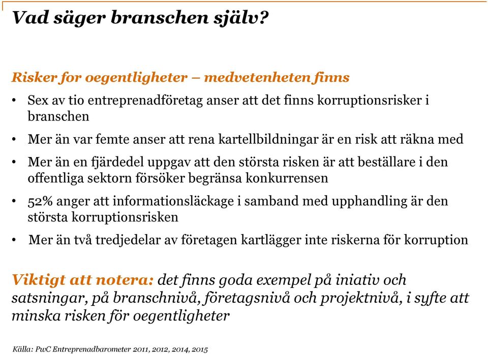 risk att räkna med Mer än en fjärdedel uppgav att den största risken är att beställare i den offentliga sektorn försöker begränsa konkurrensen 52% anger att informationsläckage i