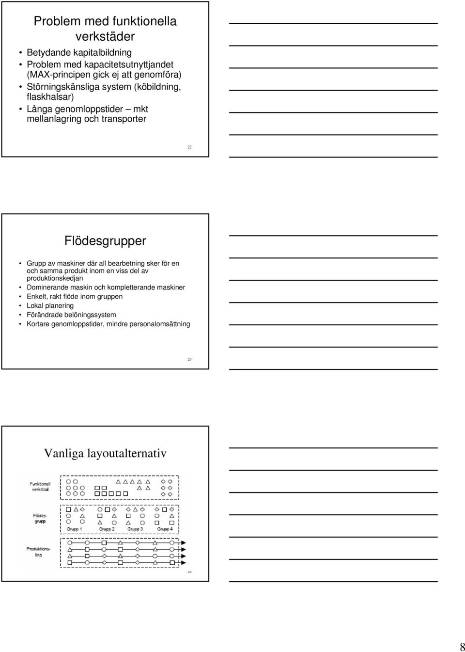 där all bearbetning sker för en och samma produkt inom en viss del av produktionskedjan Dominerande maskin och kompletterande maskiner Enkelt,