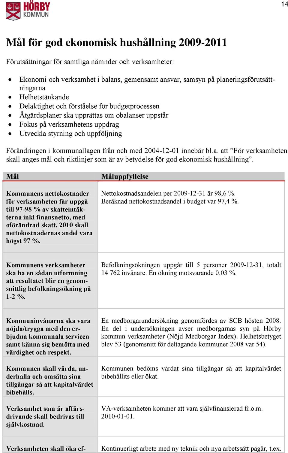 kommunallagen från och med 2004-12-01 innebär bl.a. att För verksamheten skall anges mål och riktlinjer som är av betydelse för god ekonomisk hushållning.