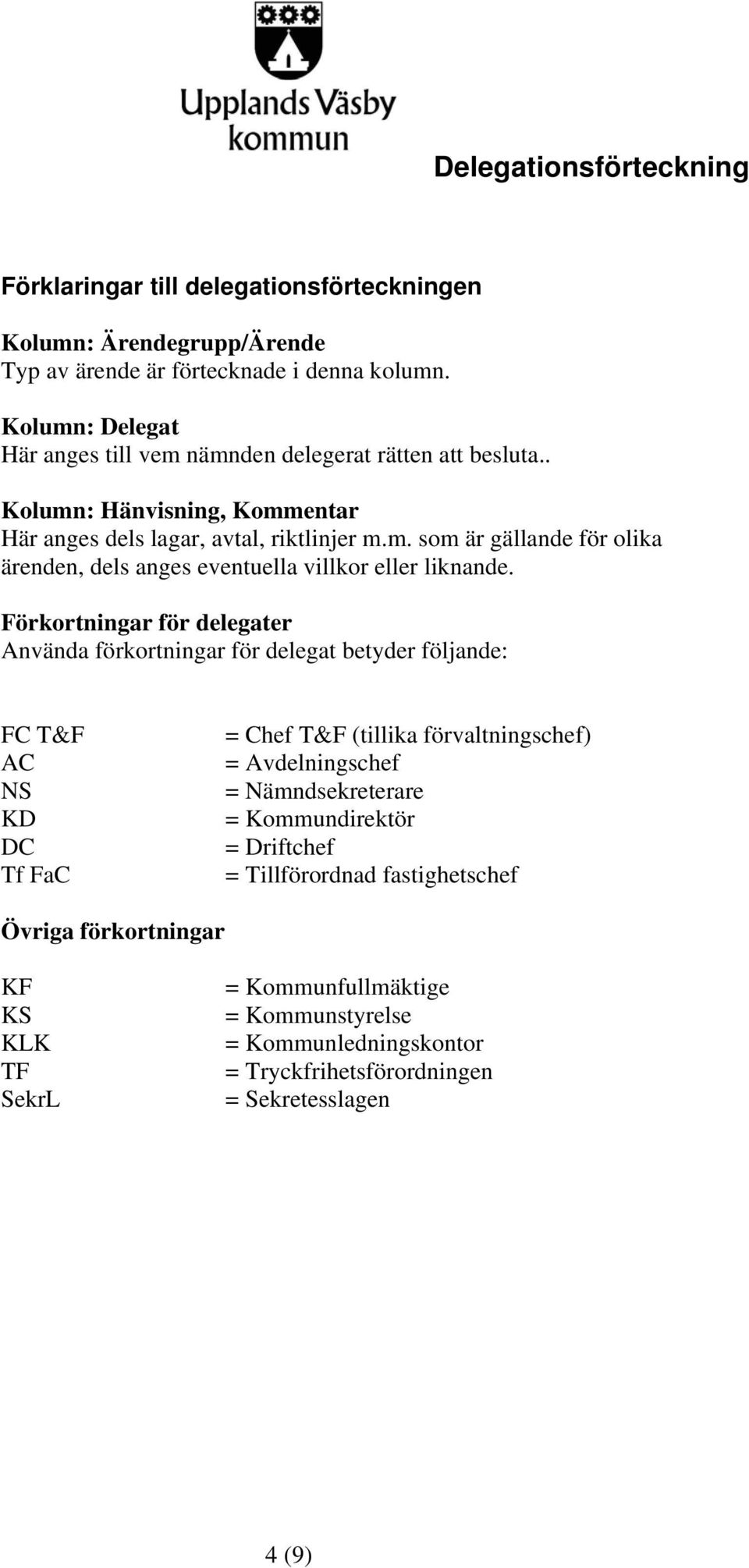 Förkortningar för delegater Använda förkortningar för delegat betyder följande: FC T&F AC NS KD DC Tf FaC = Chef T&F (tillika förvaltningschef) = Avdelningschef = Nämndsekreterare =