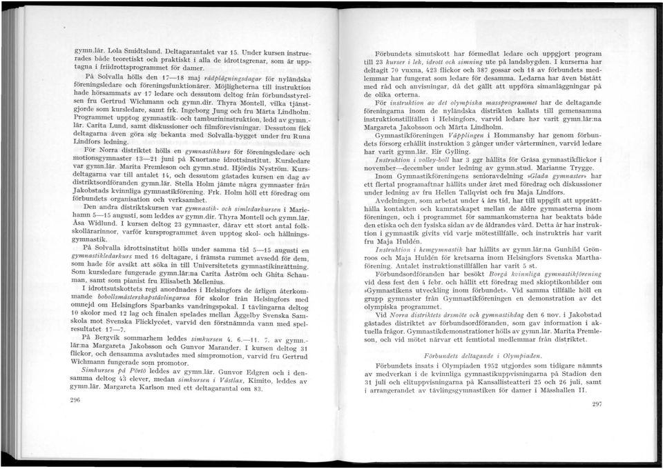 Möjligheterna tili instruktion hade hörsammats av 17 ledare och dessutom deltog från förbundsstyrelsen fru Gertrud Wichmann och gymn.dir. Thyra MontelI, vilka tjänstgjorde som kursledare, samt frk.