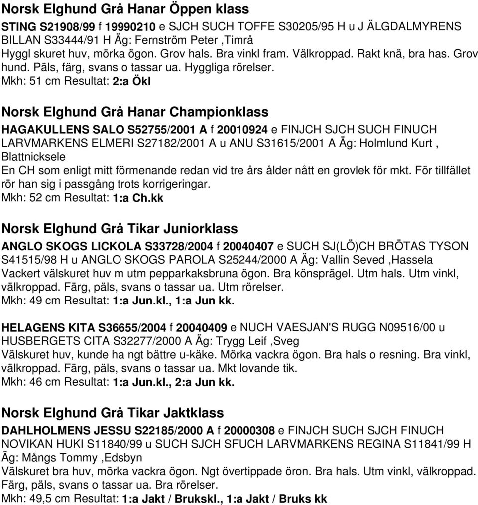 Mkh: 51 cm Resultat: 2:a Ökl Norsk Elghund Grå Hanar Championklass HAGAKULLENS SALO S52755/2001 A f 20010924 e FINJCH SJCH SUCH FINUCH LARVMARKENS ELMERI S27182/2001 A u ANU S31615/2001 A Äg: