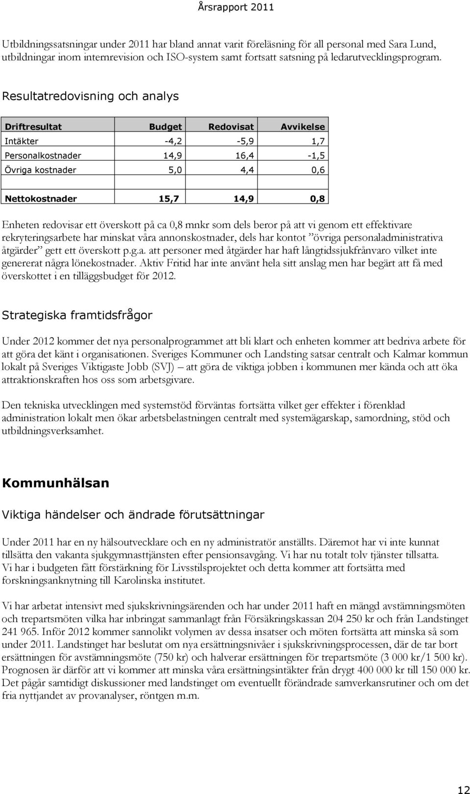 redovisar ett överskott på ca 0,8 mnkr som dels beror på att vi genom ett effektivare rekryteringsarbete har minskat våra annonskostnader, dels har kontot övriga personaladministrativa åtgärder gett