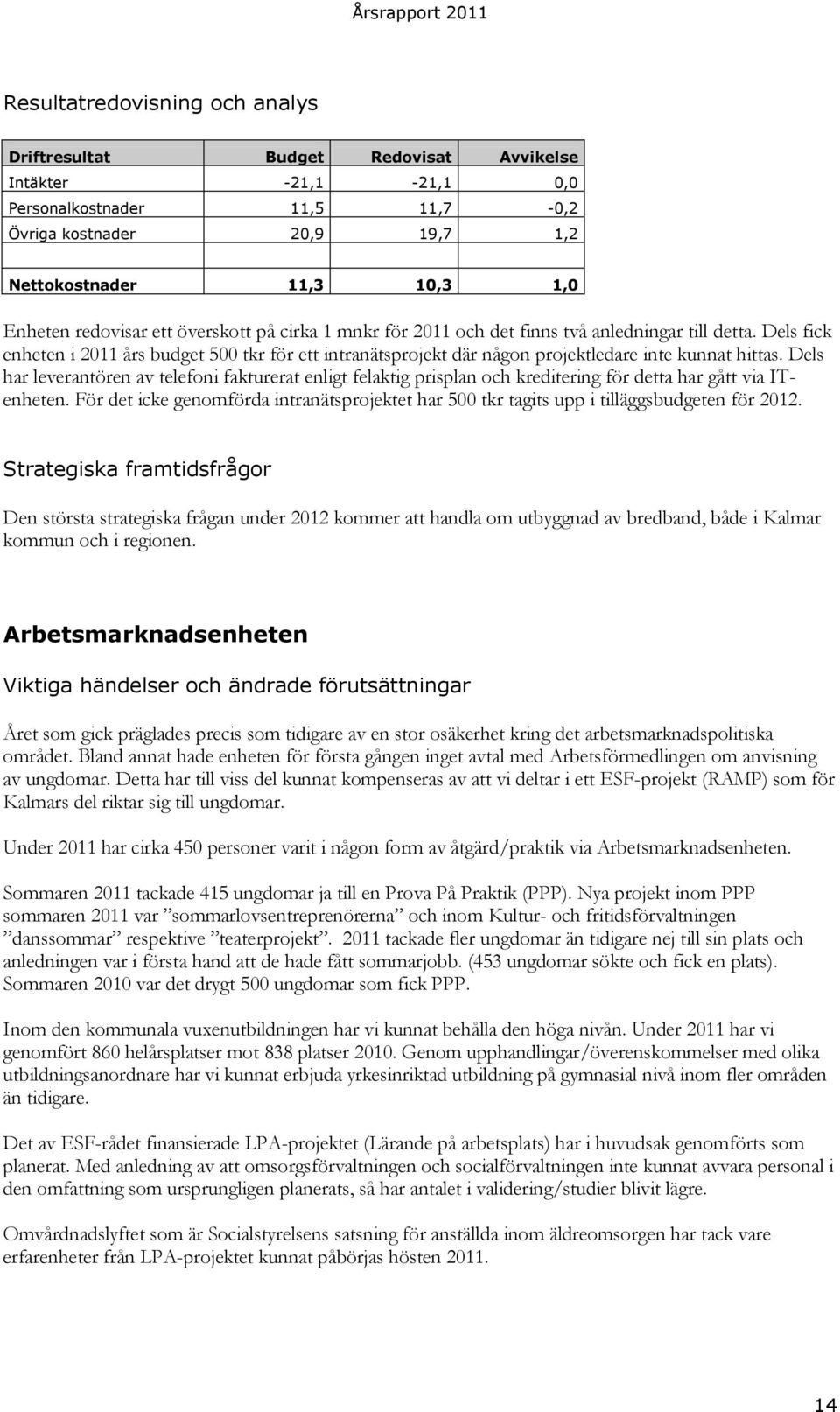 Dels fick enheten i 2011 års budget 500 tkr för ett intranätsprojekt där någon projektledare inte kunnat hittas.