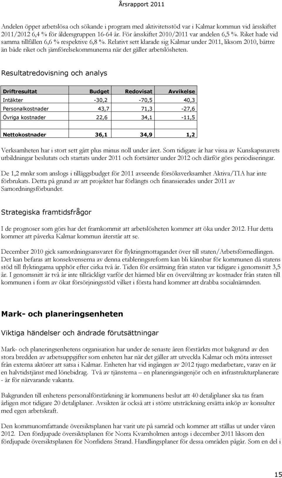 Resultatredovisning och analys Driftresultat Budget Redovisat Avvikelse Intäkter -30,2-70,5 40,3 Personalkostnader 43,7 71,3-27,6 Övriga kostnader 22,6 34,1-11,5 Nettokostnader 36,1 34,9 1,2