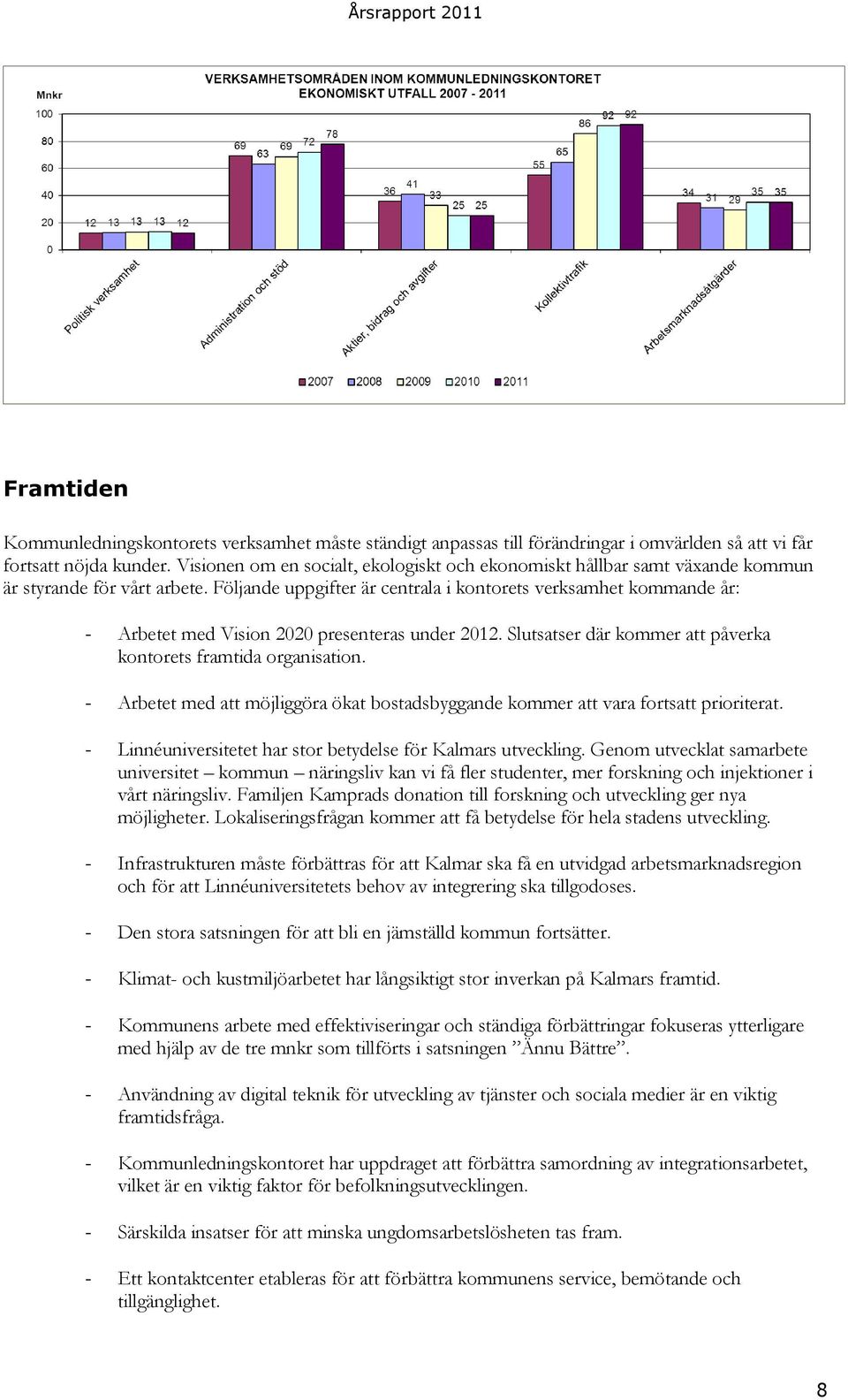 Följande uppgifter är centrala i kontorets verksamhet kommande år: - Arbetet med Vision 2020 presenteras under 2012. Slutsatser där kommer att påverka kontorets framtida organisation.