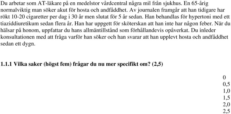 Han behandlas för hypertoni med ett tiaziddiuretikum sedan flera år. Han har uppgett för sköterskan att han inte har någon feber.