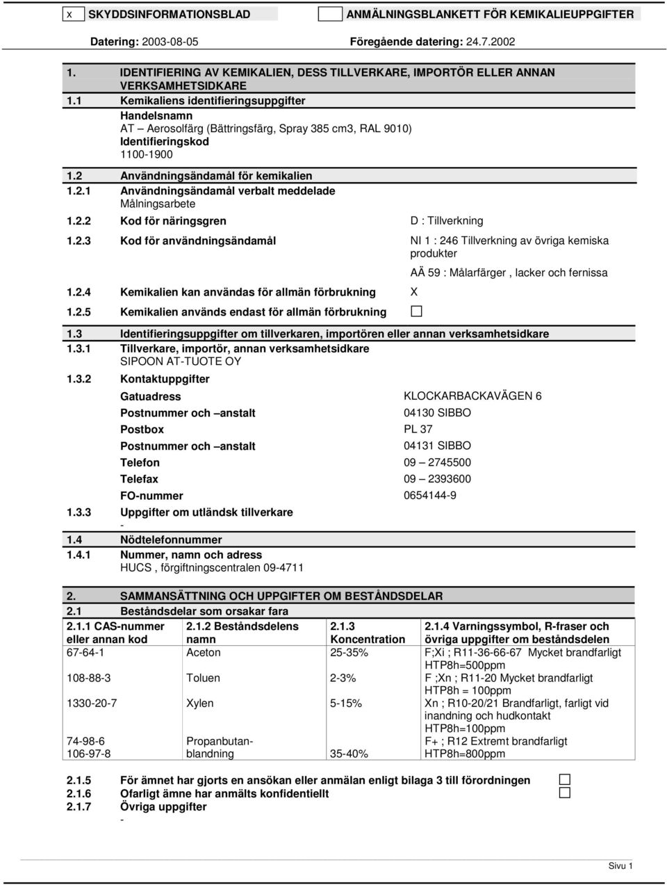 2.2 Kod för näringsgren D : Tillverkning 1.2.3 Kod för användningsändamål NI 1 : 246 Tillverkning av övriga kemiska produkter 1.2.4 Kemikalien kan användas för allmän förbrukning X 1.2.5 Kemikalien används endast för allmän förbrukning AÄ 59 : Målarfärger, lacker och fernissa 1.