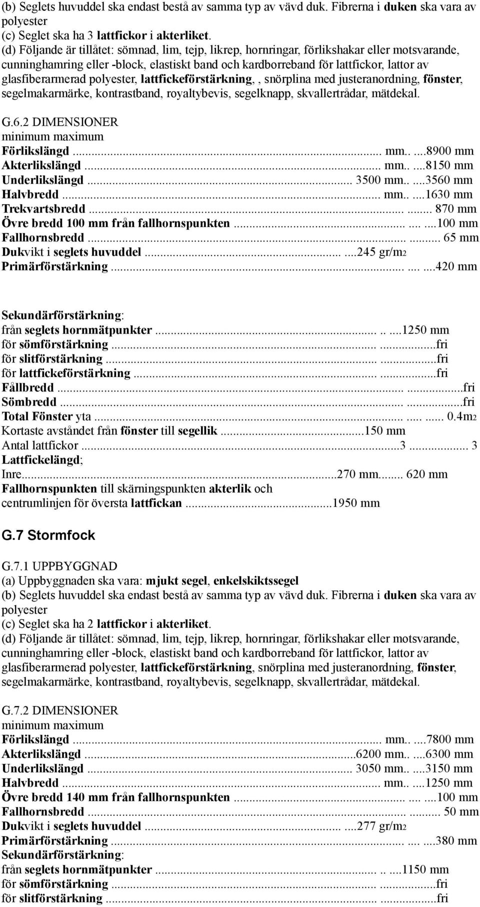 glasfiberarmerad polyester, lattfickeförstärkning,, snörplina med justeranordning, fönster, segelmakarmärke, kontrastband, royaltybevis, segelknapp, skvallertrådar, mätdekal. G.6.