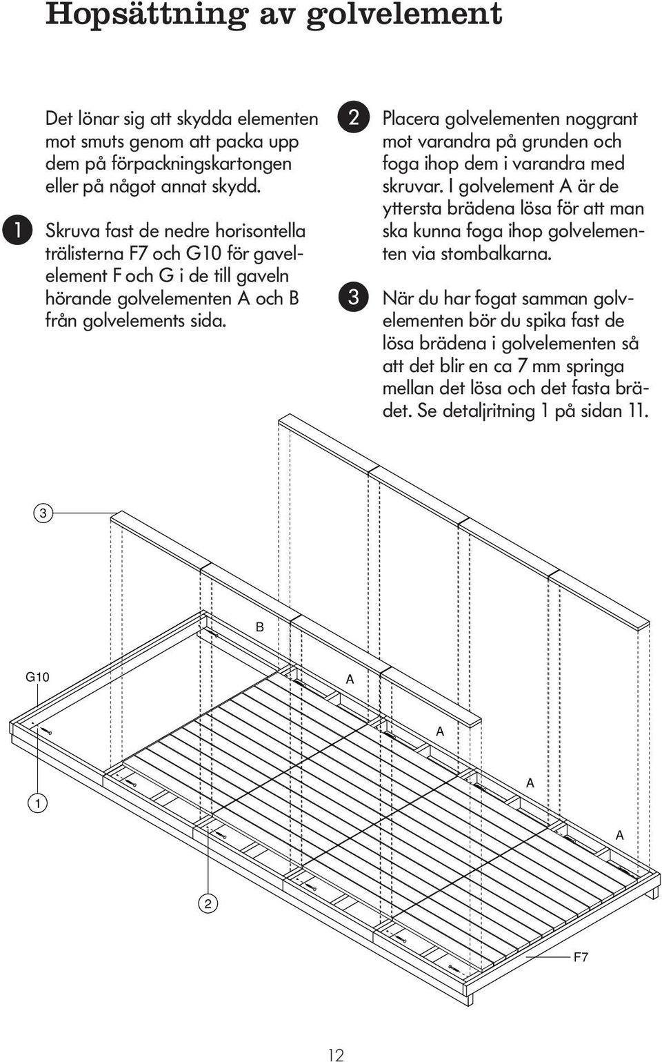 Placera golvelementen noggrant mot varandra på grunden och foga ihop dem i varandra med skruvar.