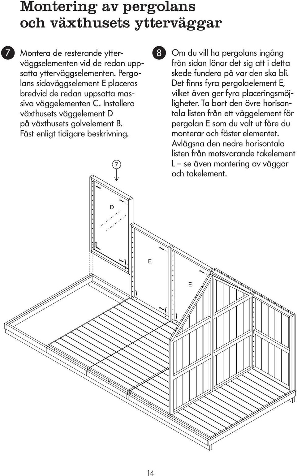 sidoväggselement E placeras Det finns fyra pergolaelement E, bredvid de redan uppsatta massiva vilket även ger fyra placeringsmöj- väggelementen C. Installera ligheter.