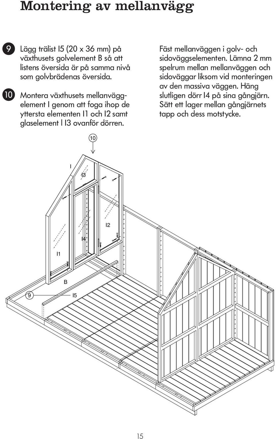 Montera växthusets mellanväggelement I genom att foga ihop de VÄLISEINÄN ASENTAMINEN yttersta elementen I1 och I2 samt glaselement l I3 ovanför
