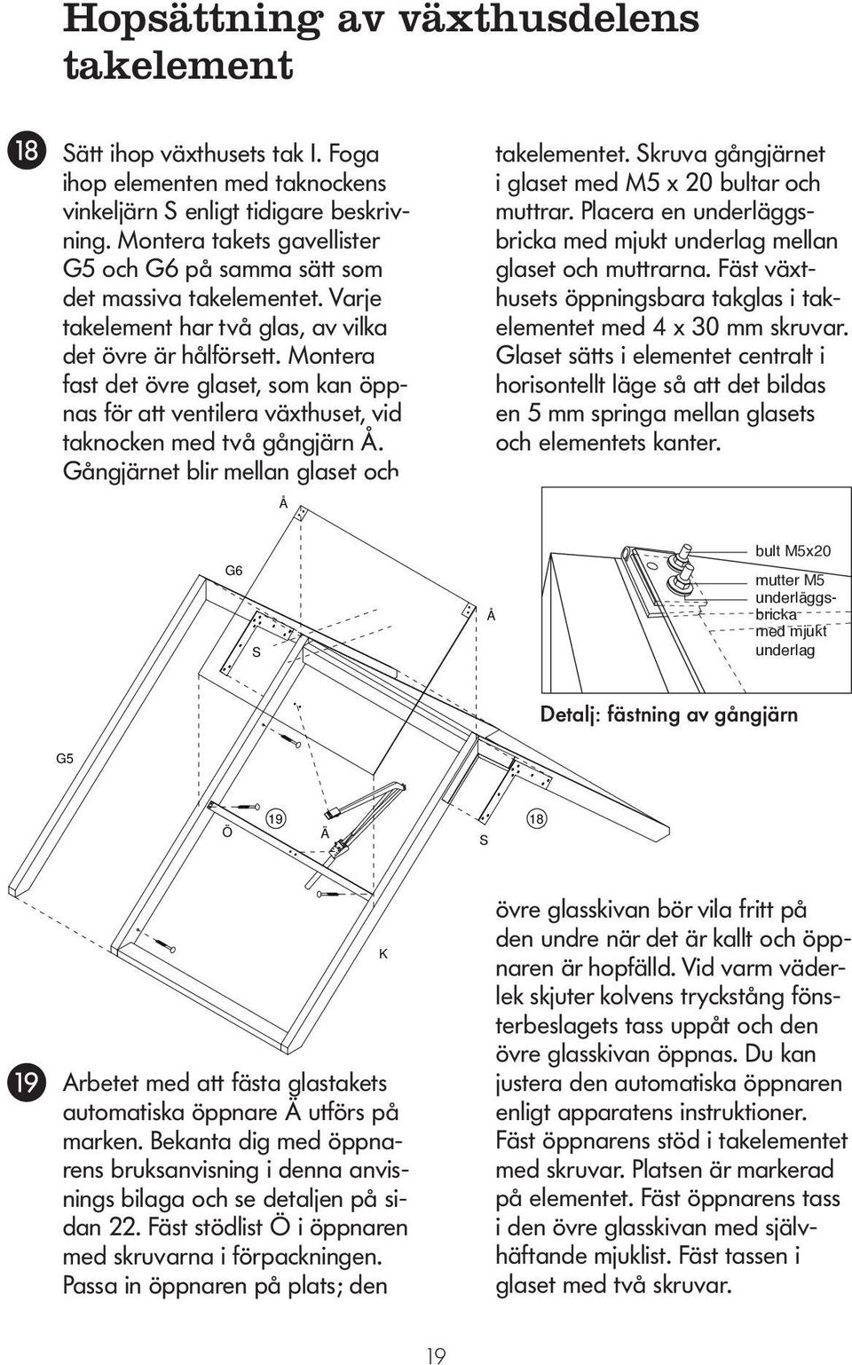 Montera fast det övre glaset, som kan öppnas för att ventilera växthuset, vid taknocken med två gångjärn Å.