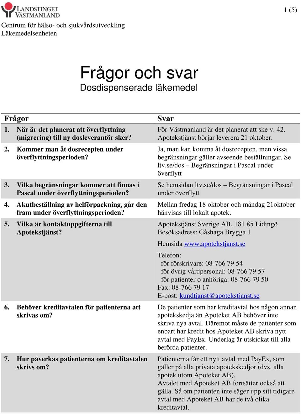 Akutbeställning av helförpackning, går den fram under överflyttningsperioden? 5. Vilka är kontaktuppgifterna till Apotekstjänst? 6. Behöver kreditavtalen för patienterna att skrivas om? 7.