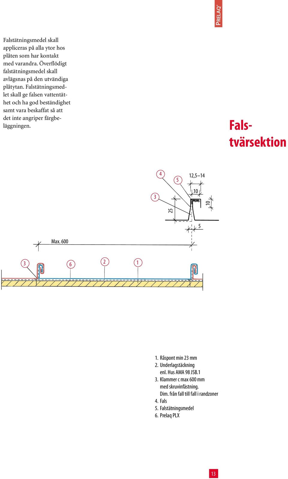 Falstätningsmedlet skall ge falsen vattentäthet och ha god beständighet samt vara beskaffat så att det inte angriper färgbeläggningen.