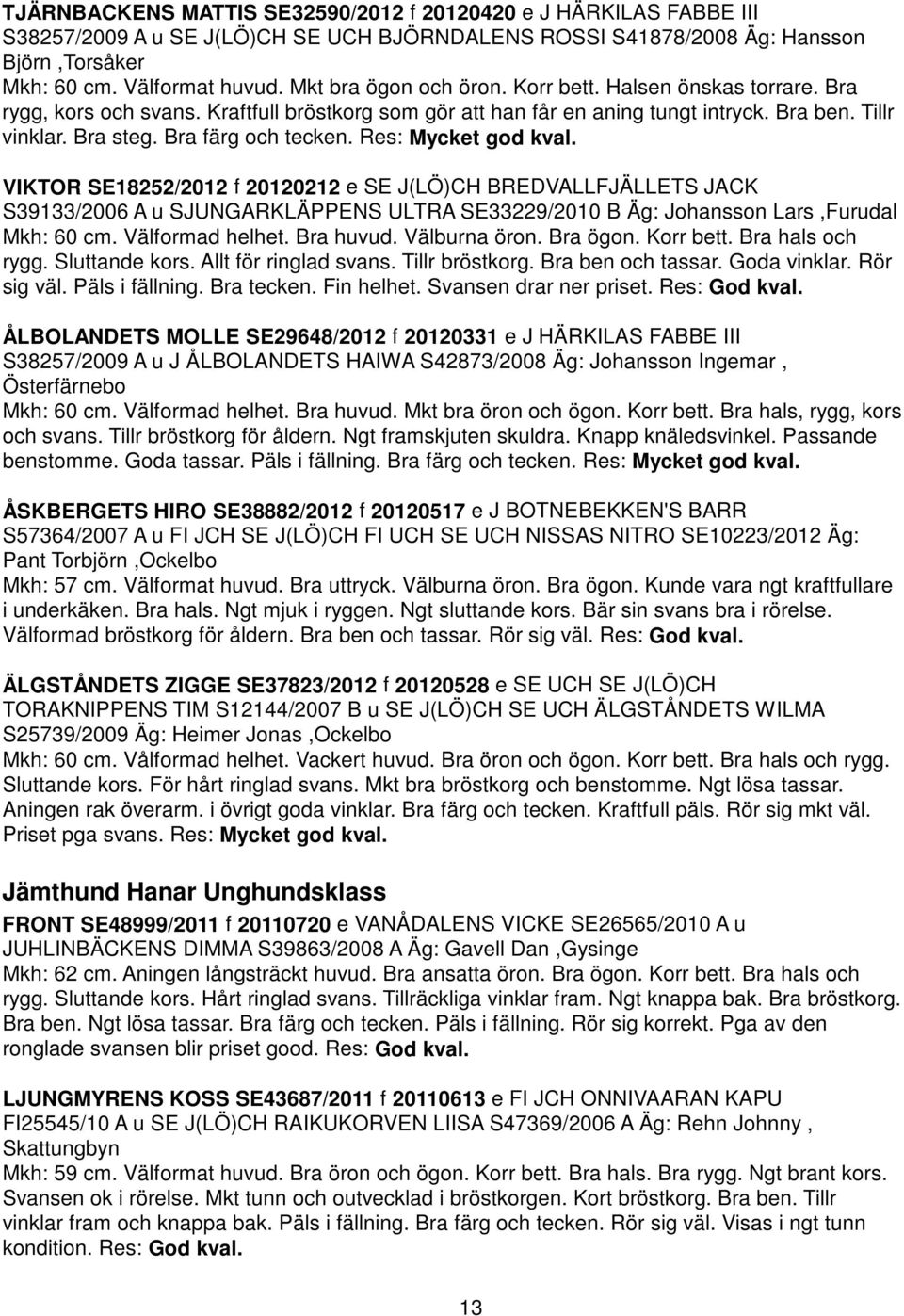 Bra färg och tecken. Res: Mycket god kval. VIKTOR SE18252/2012 f 20120212 e SE J(LÖ)CH BREDVALLFJÄLLETS JACK S39133/2006 A u SJUNGARKLÄPPENS ULTRA SE33229/2010 B Äg: Johansson Lars,Furudal Mkh: 60 cm.