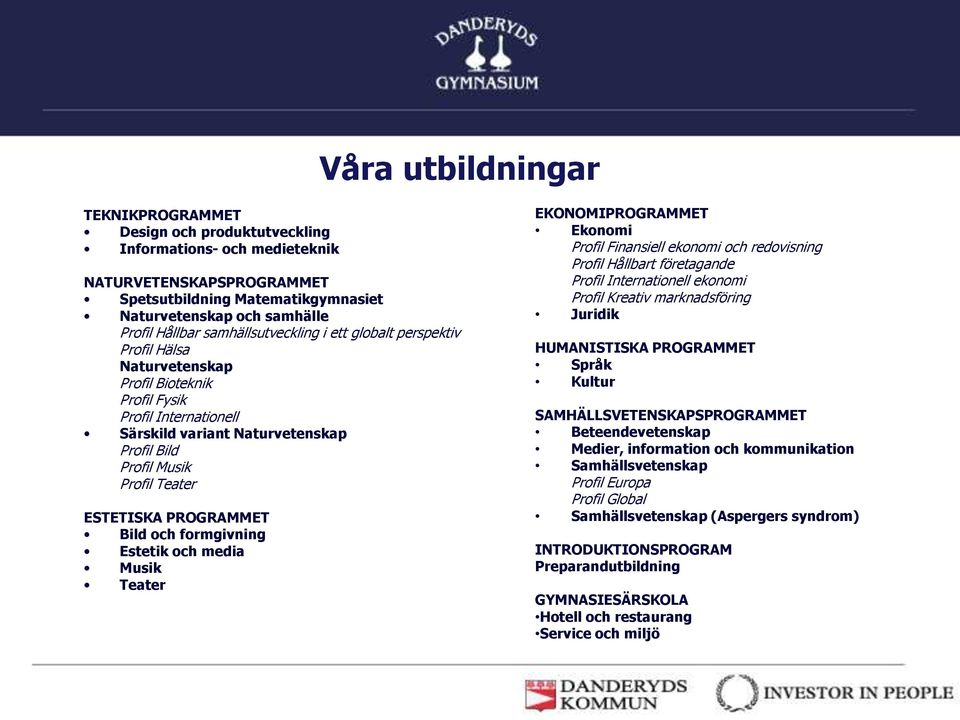 ESTETISKA PROGRAMMET Bild och formgivning Estetik och media Musik Teater EKONOMIPROGRAMMET Ekonomi Profil Finansiell ekonomi och redovisning Profil Hållbart företagande Profil Internationell ekonomi