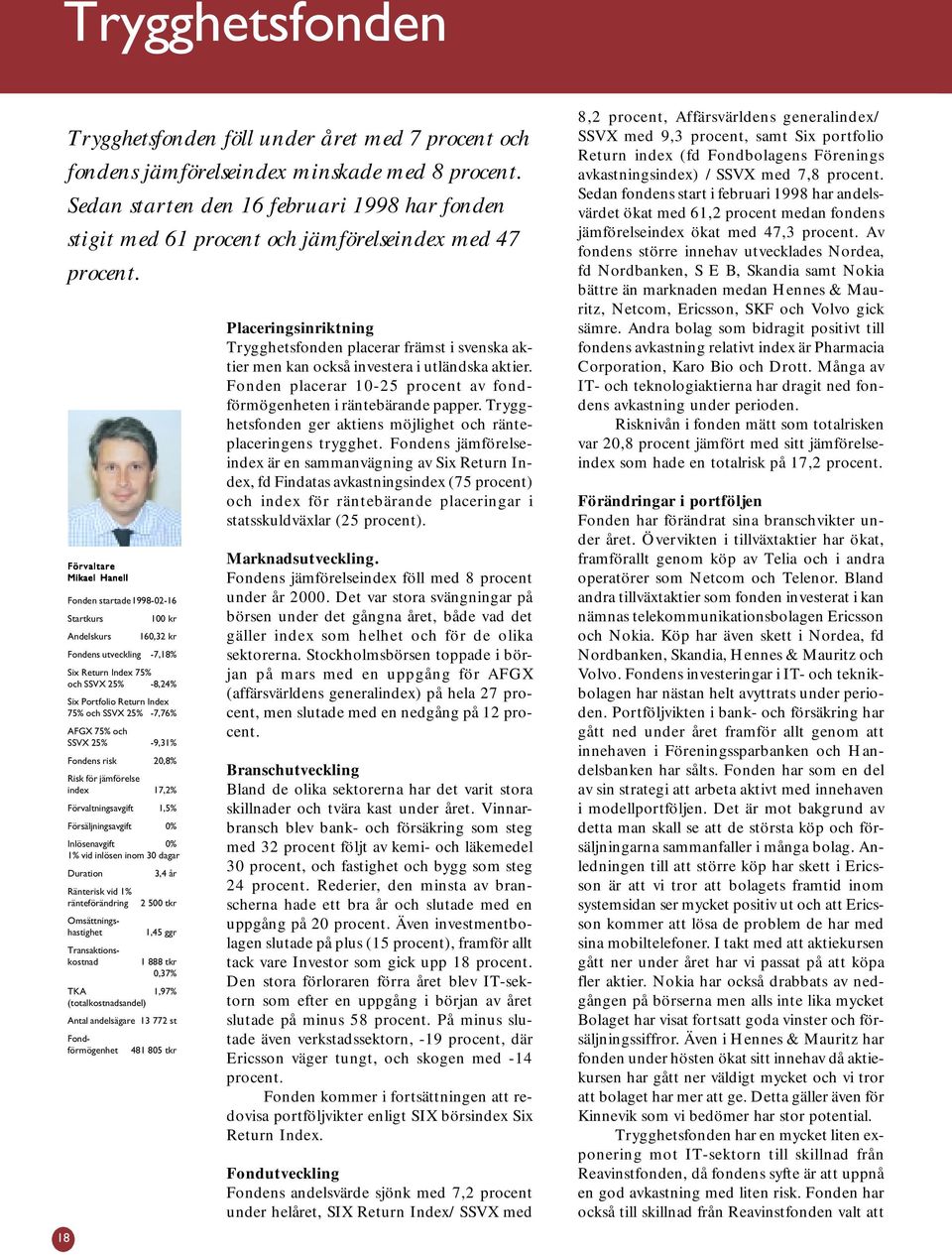 Förvaltare Mikael Hanell 1 888 tkr 0,37% Fonden startade1998-02-16 Startkurs 100 kr Andelskurs 160,32 kr Fondens utveckling -7,18% Six Return Index 75% och SSVX 25% -8,24% Six Portfolio Return Index