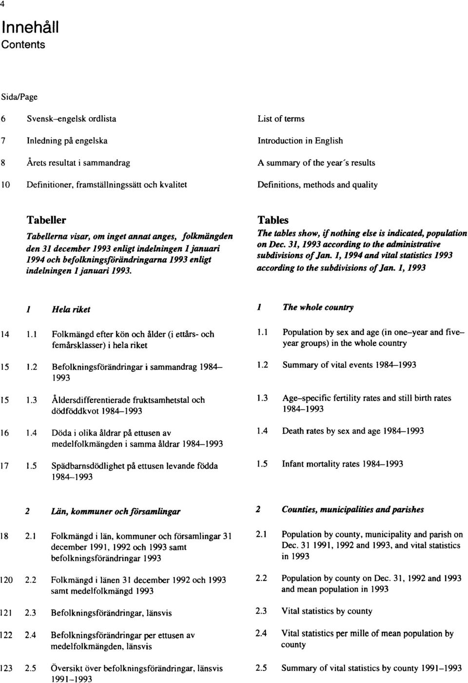 befolkningsförändringarna 1993 enligt indelningen 1 januari 1993. Tables The tables show, if nothing else is indicated, population on Dec. 31, 1993 according to the administrative subdivisions of Jan.