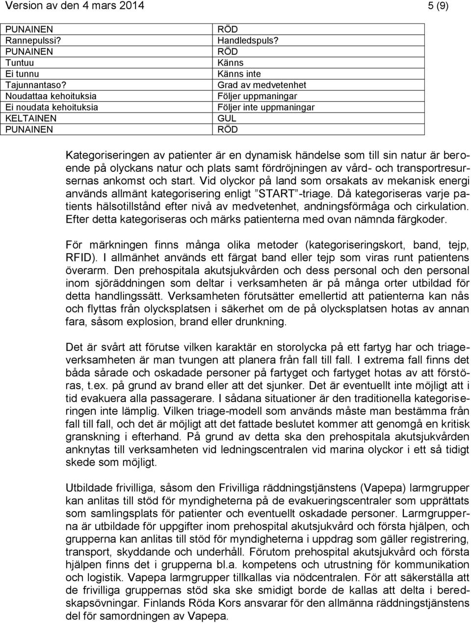 plats samt fördröjningen av vård- och transportresursernas ankomst och start. Vid olyckor på land som orsakats av mekanisk energi används allmänt kategorisering enligt START -triage.