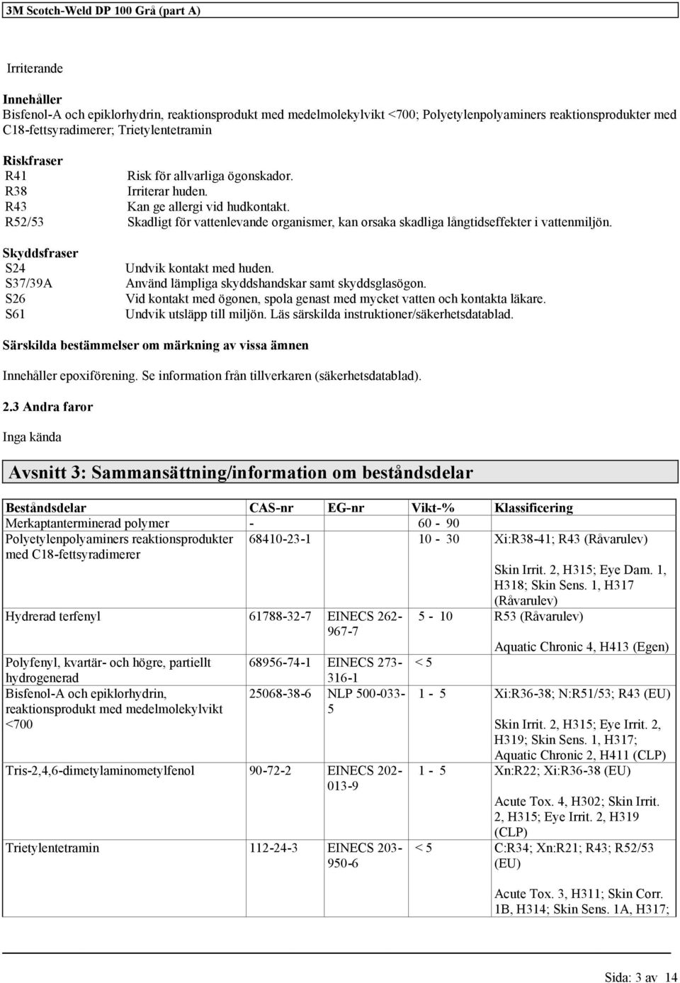 R52/53 Skadligt för vattenlevande organismer, kan orsaka skadliga långtidseffekter i vattenmiljön. Skyddsfraser S24 S37/39A S26 S61 Undvik kontakt med huden.