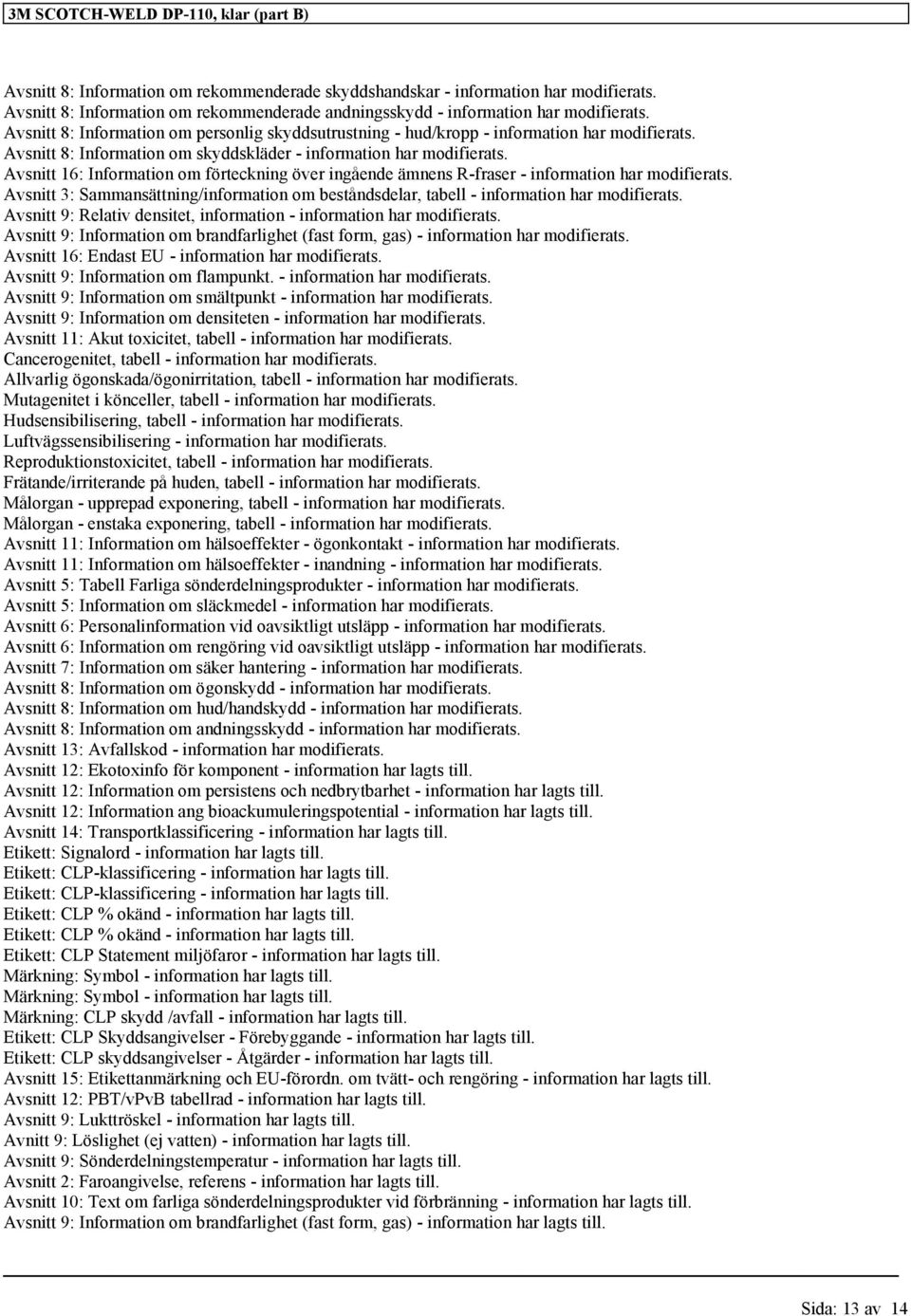 Avsnitt 8: Information om skyddskläder - information har modifierats. Avsnitt 16: Information om förteckning över ingående ämnens R-fraser - information har modifierats.