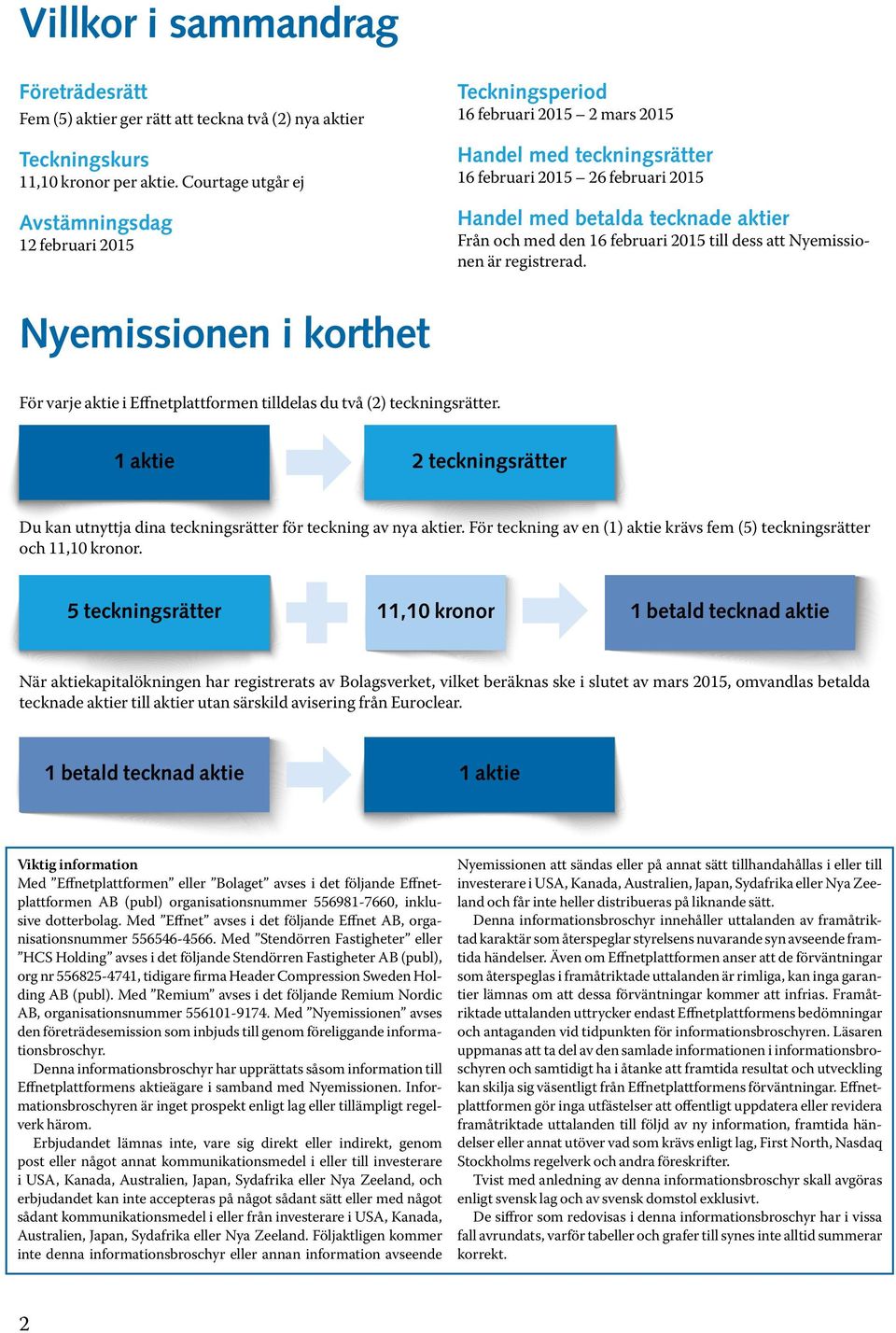 12 februari 2015 Nyemissionen i korthet För varje aktie i Effnetplattformen tilldelas du två (2) teckningsrätter.