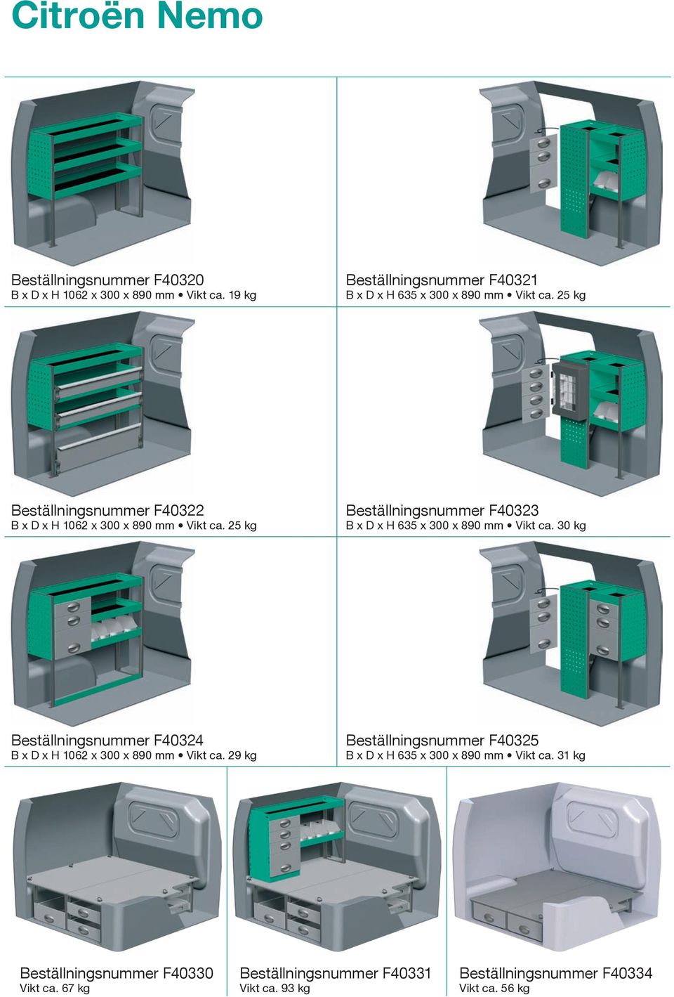 25 kg Beställningsnummer F40323 B x D x H 635 x 300 x 890 mm Vikt ca. 30 kg Beställningsnummer F40324 B x D x H 1062 x 300 x 890 mm Vikt ca.