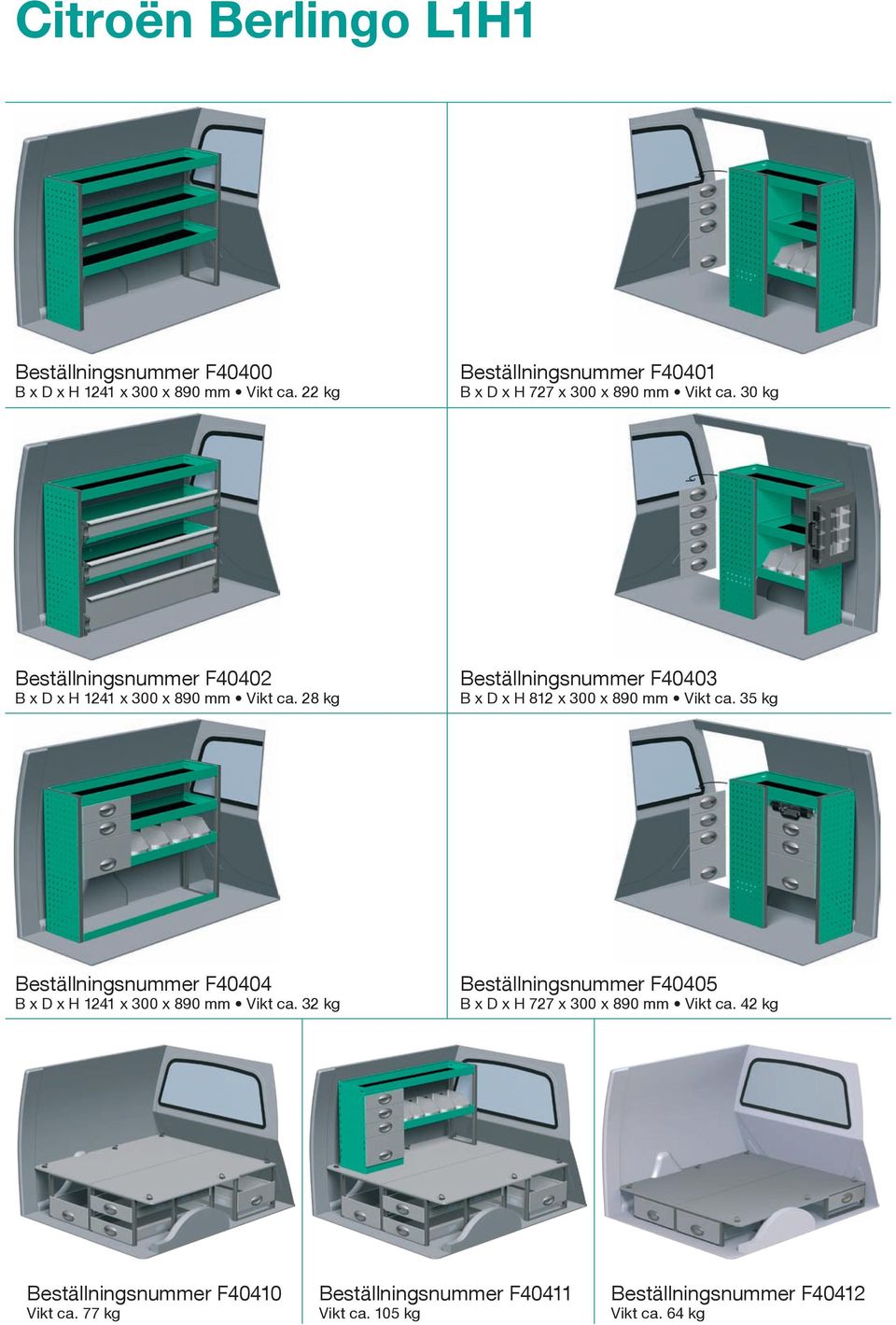 28 kg Beställningsnummer F40403 B x D x H 812 x 300 x 890 mm Vikt ca. 35 kg Beställningsnummer F40404 B x D x H 1241 x 300 x 890 mm Vikt ca.